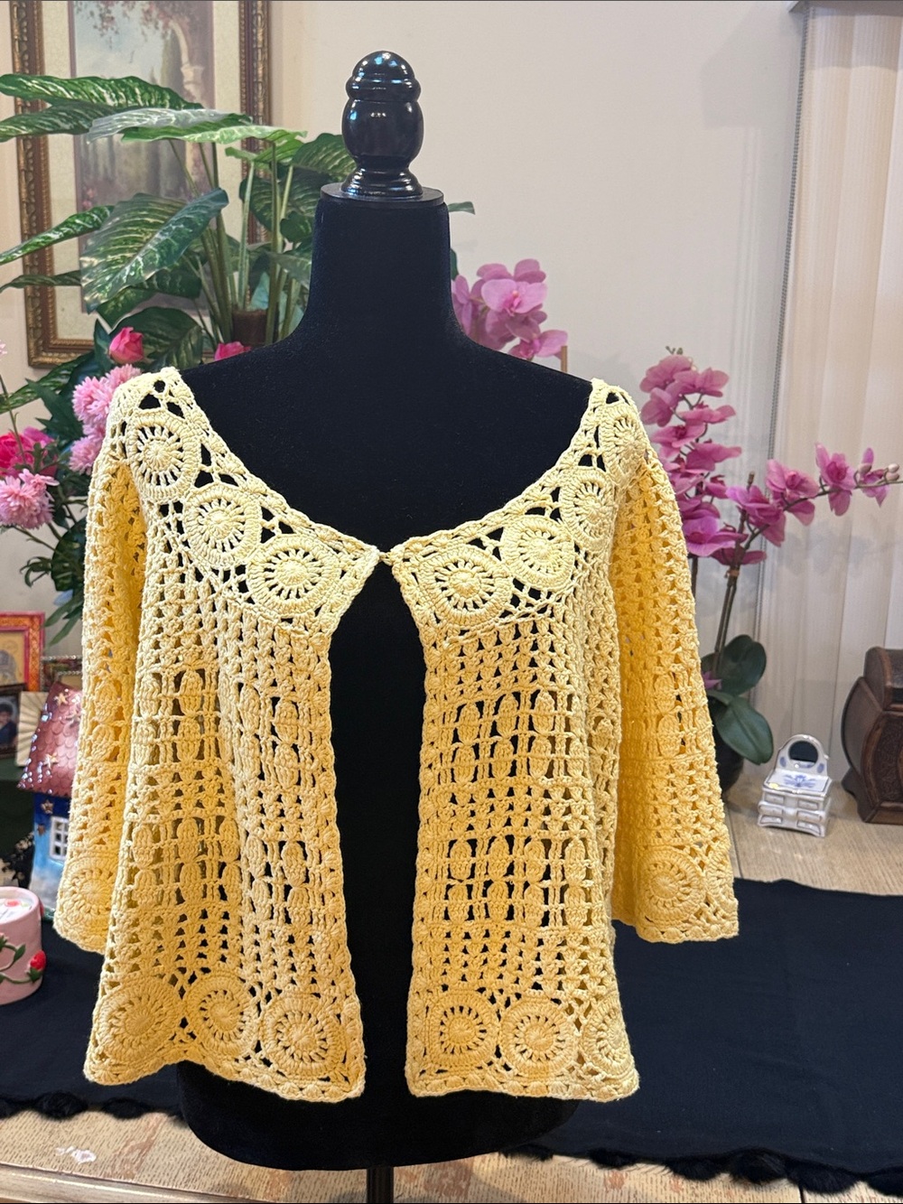 Attitudes by Renee Yellow Crochet Openwork Cardigan Shrug
